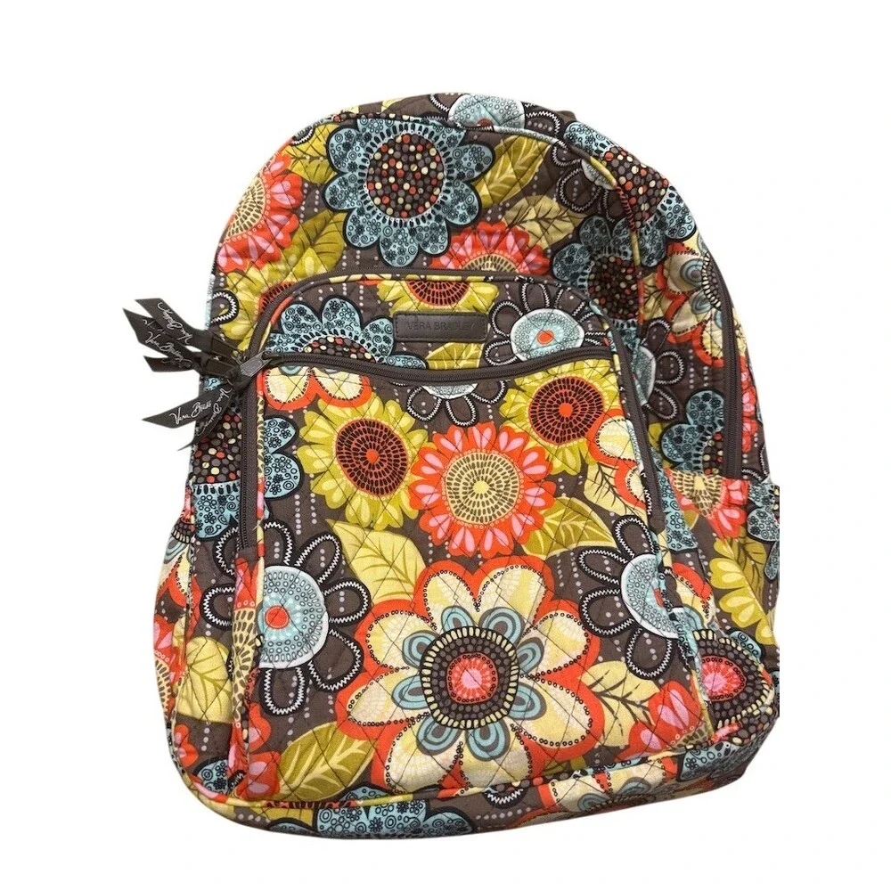 Vera Bradley Backpack Womens Large Brown Floral Quilted + ID Zip Wallet
